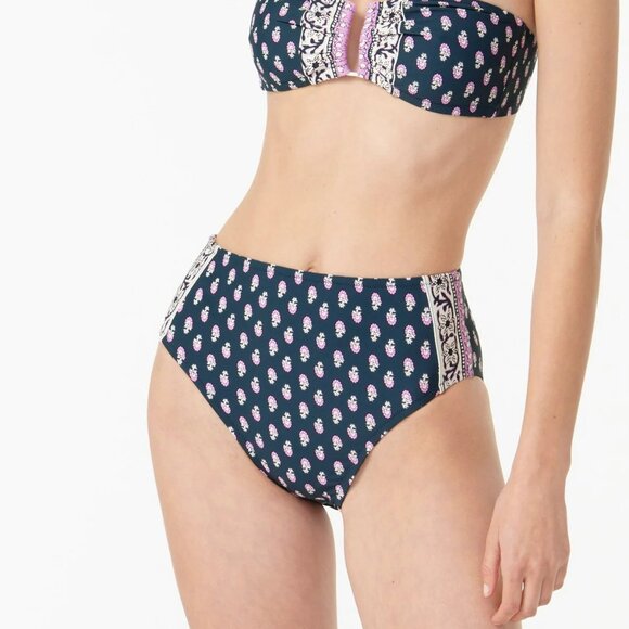 NWT New J Crew Navy Blue Pink Dot High Waist Hipster Bikini Swim Bottoms S - Picture 1 of 4